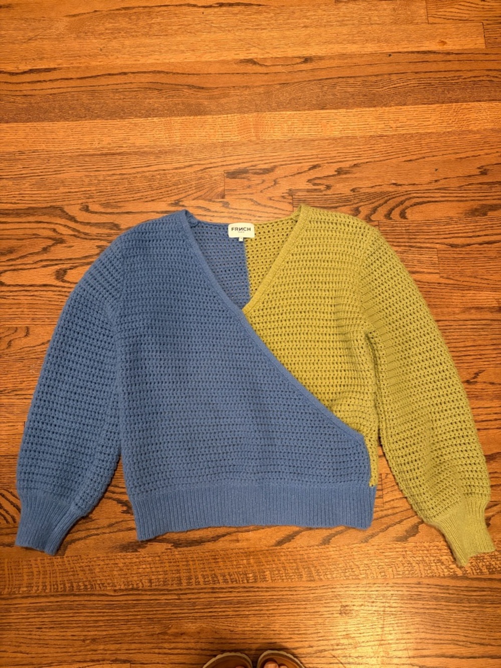 FRNCH Two-Tone Blue and Lime V-Neck Wrap Sweater